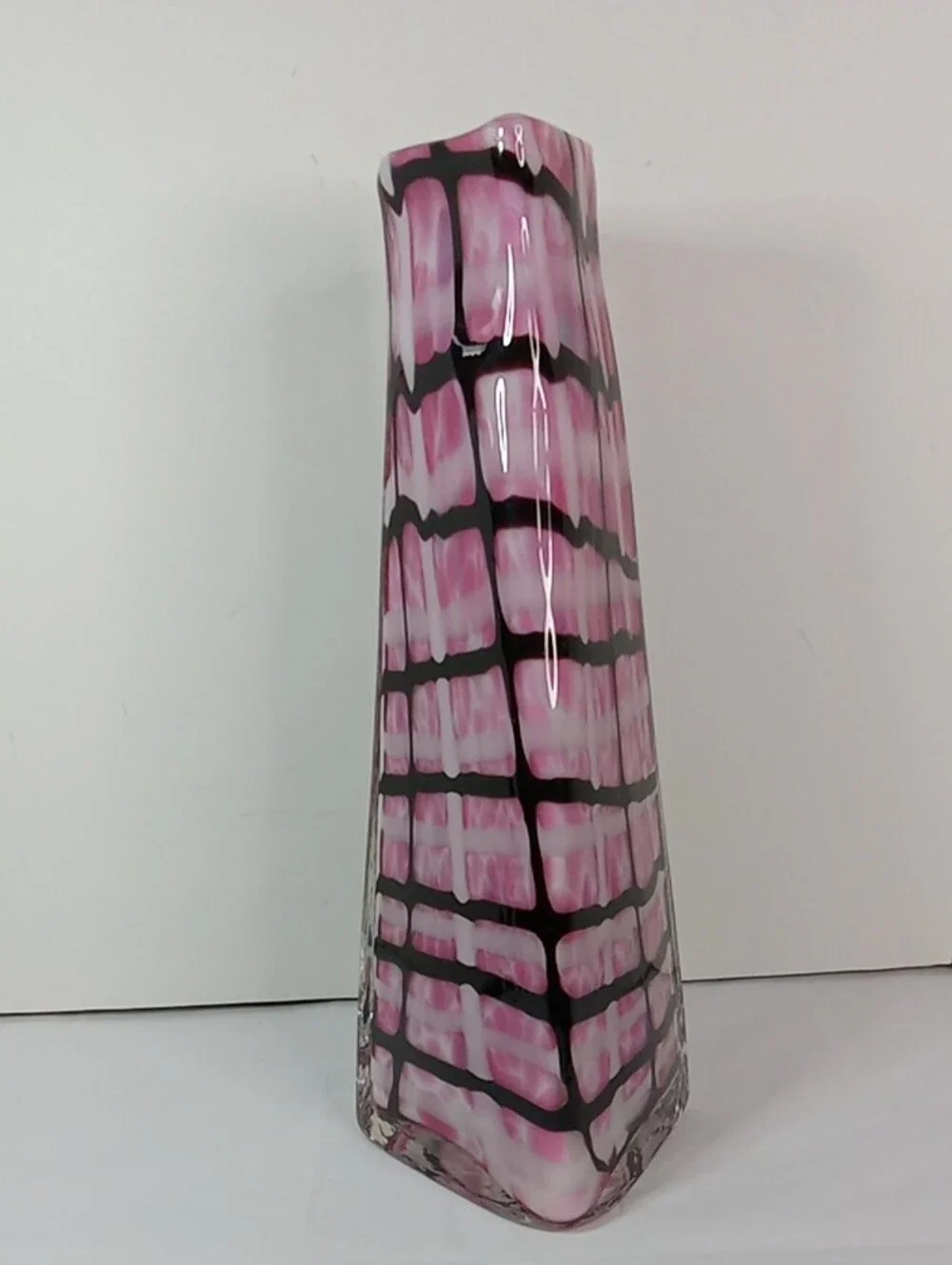 Handblown Large Stylish Pink BLack White Patterned Grid Print Glass Vase Whimsy
